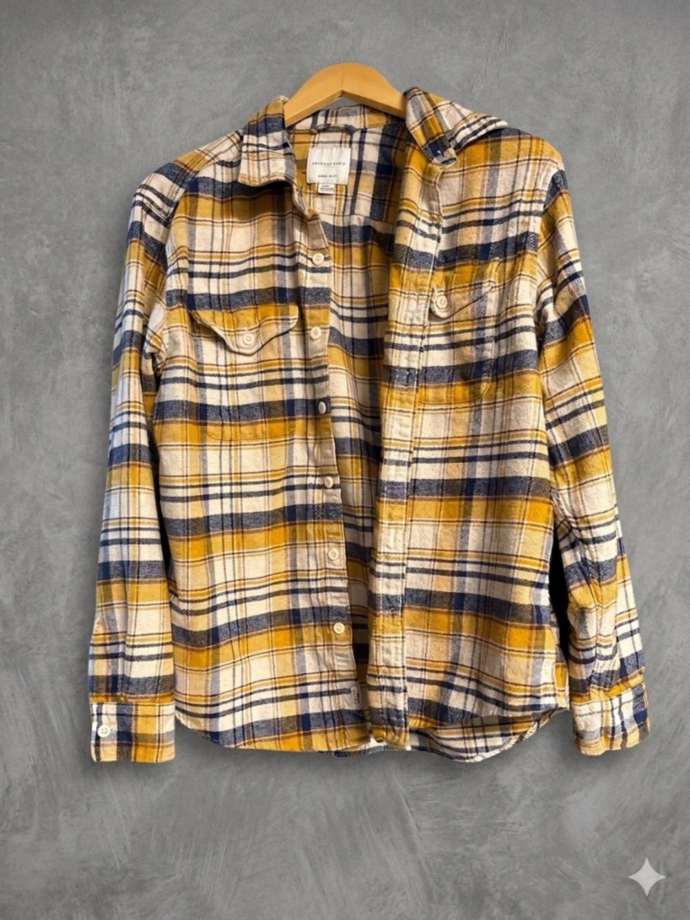 American Eagle Super Soft Plaid Flannel Shirt L Yellow Blue White Cotton Button
